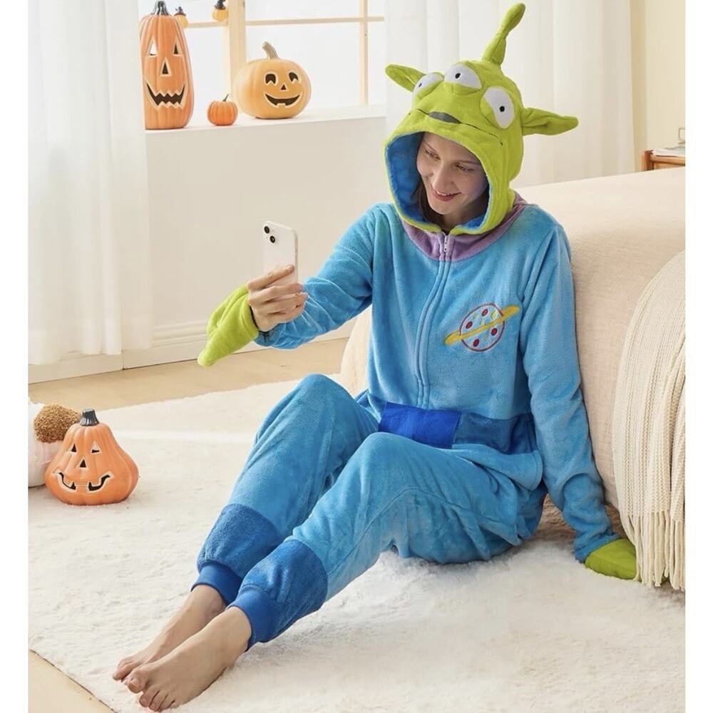 VEULENT Adult Alien One Piece Pajamas Unisex Costume Green Blue Size Large NEW - Picture 6 of 7